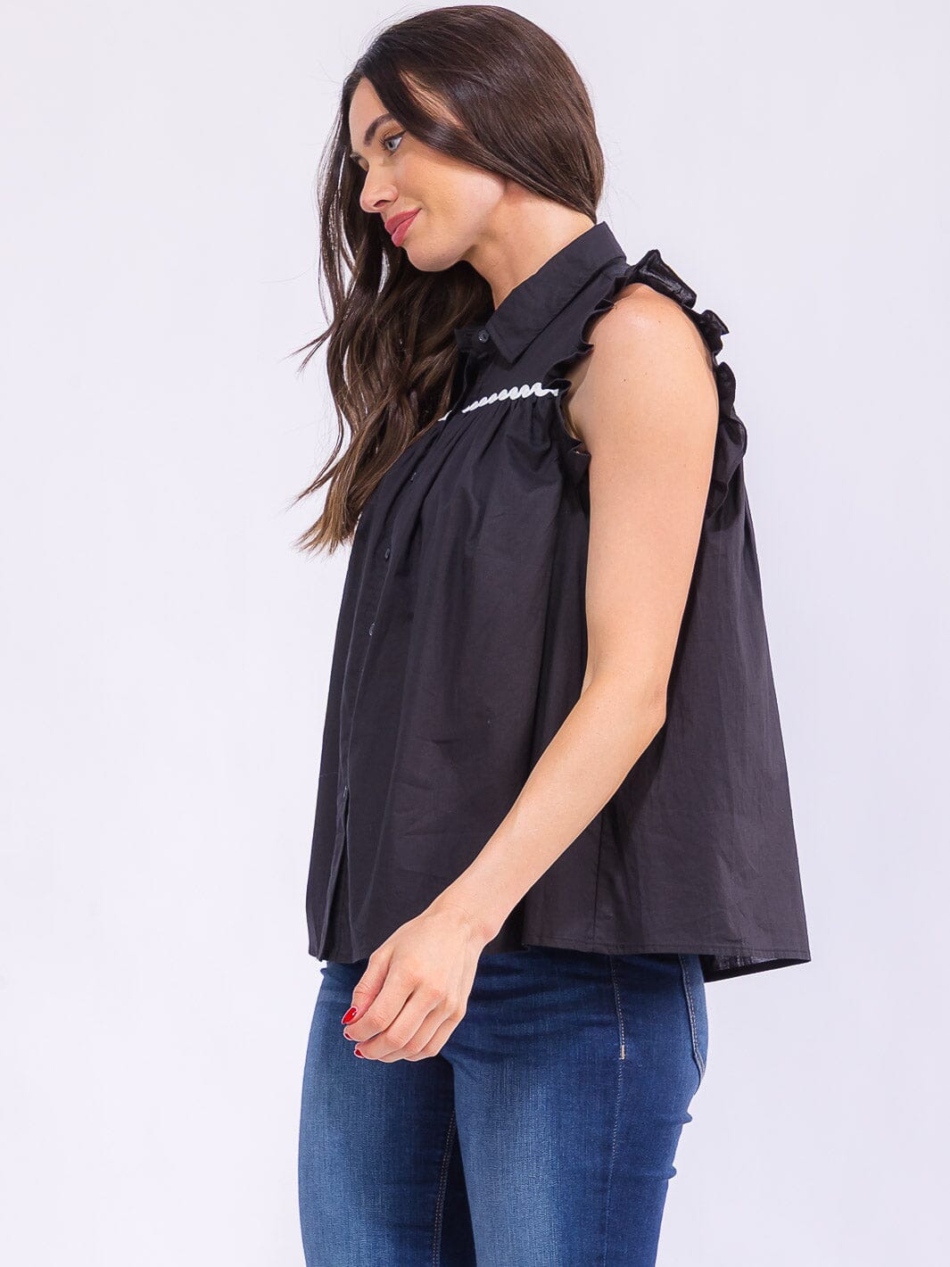 WOMEN'S RUFFLE SLEEVE BUTTON UP TUNIC TOP