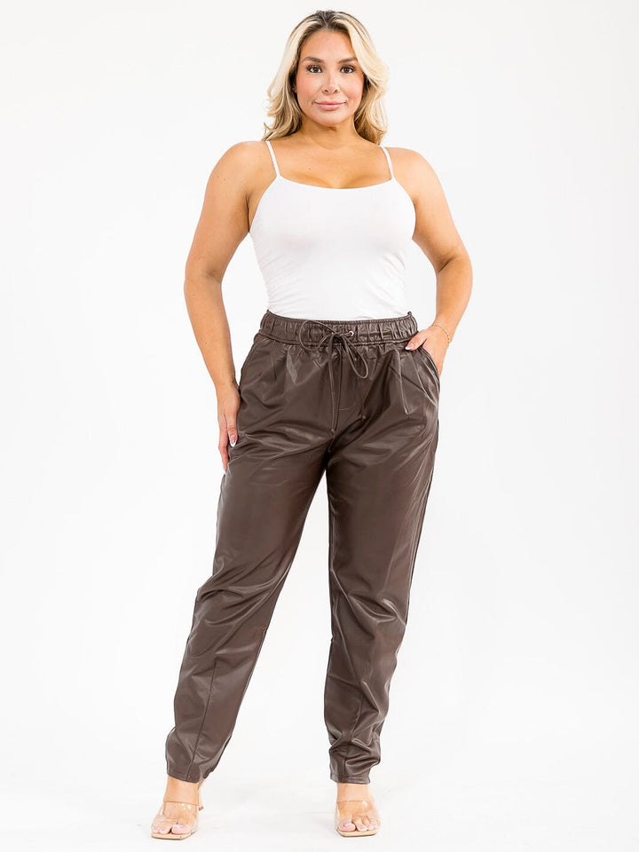 PLUS SIZE ELASTIC WAIST POCKETS SKINNY LEG PU PLEATHER PANTS