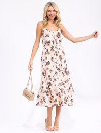 WOMEN'S SLEEVELESS BUTTON UP FLORAL PRINT MIDI DRESS