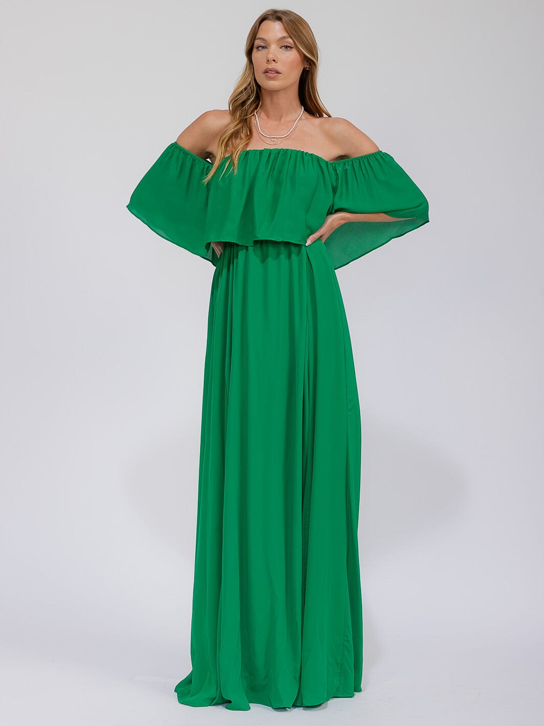 WOMEN'S SHORT SLEEVE OFF SHOULDER ELASTIC WAIST MAXI GOWN DRESS