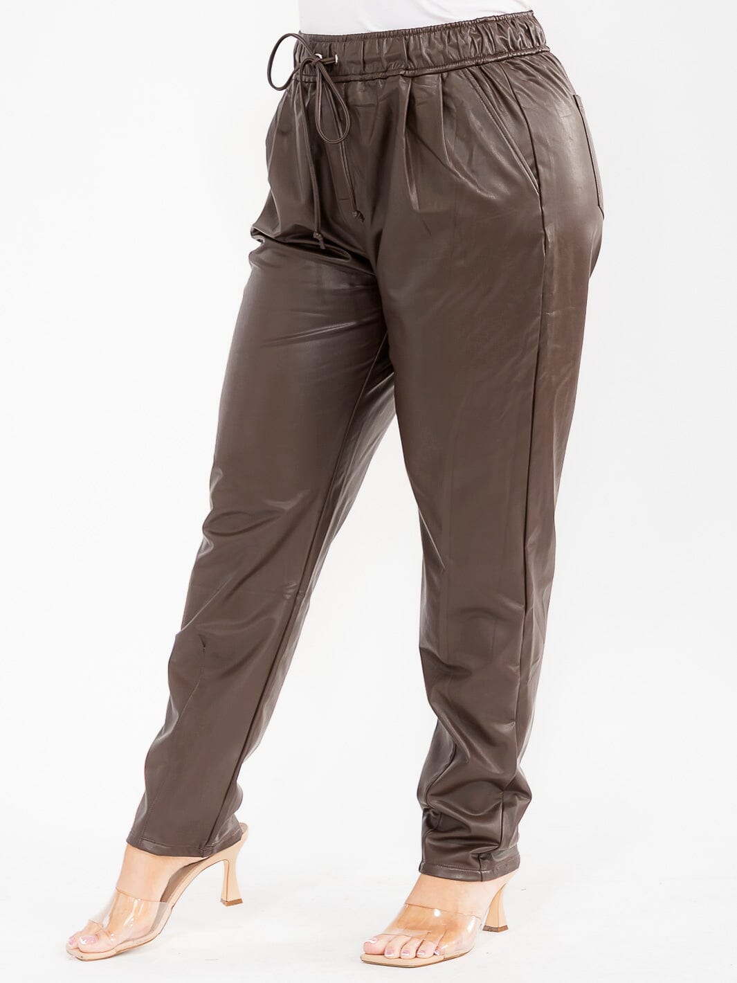 PLUS SIZE ELASTIC WAIST POCKETS SKINNY LEG PU PLEATHER PANTS