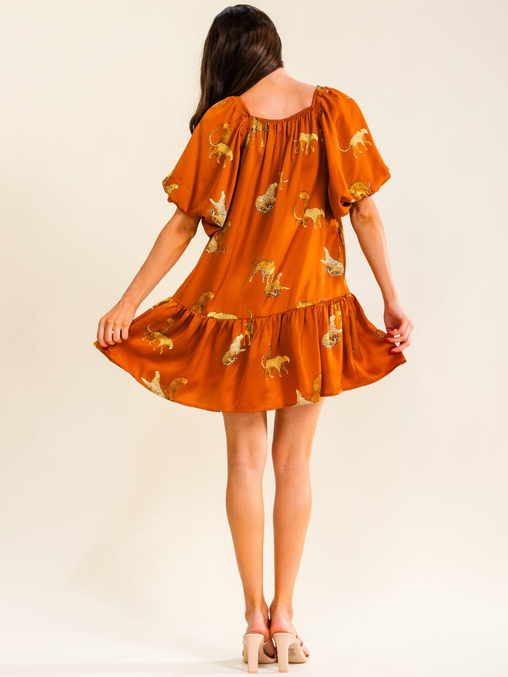ENTRO WOMEN'S SHORT PUFF SLEEVE FRONT POCKETS ANIMAL PRINT MINI DRESS