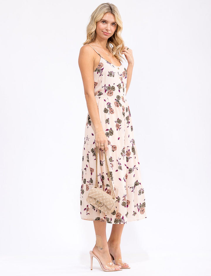 WOMEN'S SLEEVELESS BUTTON UP FLORAL PRINT MIDI DRESS