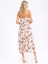 WOMEN'S SLEEVELESS BUTTON UP FLORAL PRINT MIDI DRESS