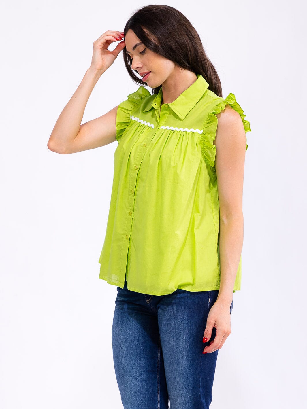 WOMEN'S RUFFLE SLEEVE BUTTON UP TUNIC TOP