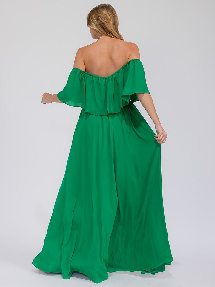 WOMEN'S SHORT SLEEVE OFF SHOULDER ELASTIC WAIST MAXI GOWN DRESS