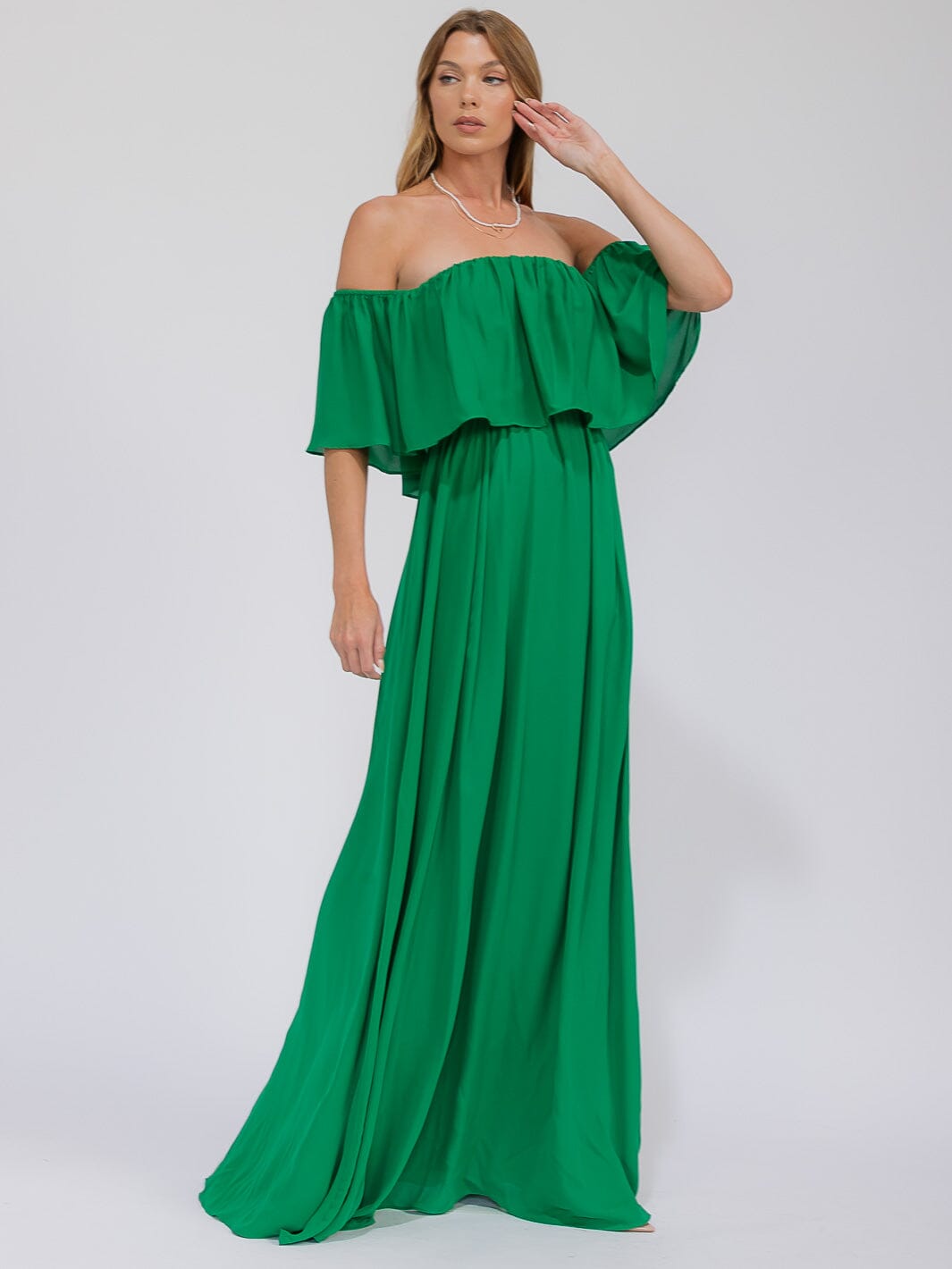 WOMEN'S SHORT SLEEVE OFF SHOULDER ELASTIC WAIST MAXI GOWN DRESS