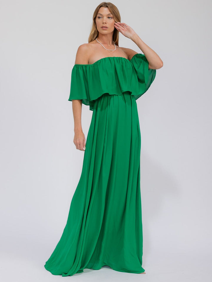 WOMEN'S SHORT SLEEVE OFF SHOULDER ELASTIC WAIST MAXI GOWN DRESS