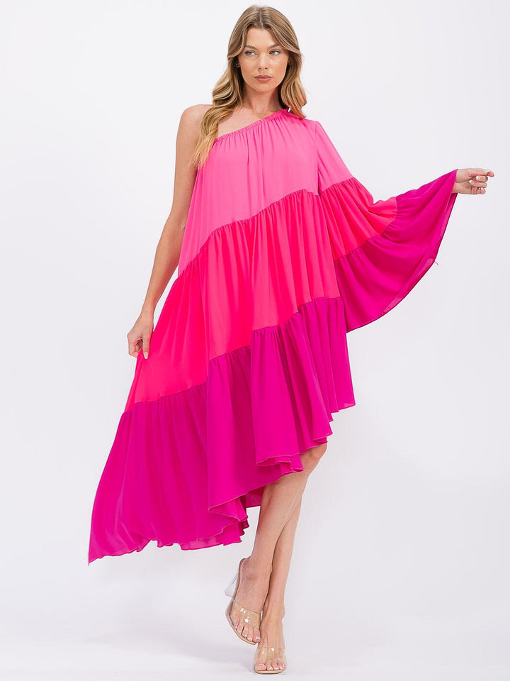 WOMEN'S ONE SHOLDER LONG SLEEVE POCKETS TIERED HIGH-LOW COLORBLOCK MIDI DRESS