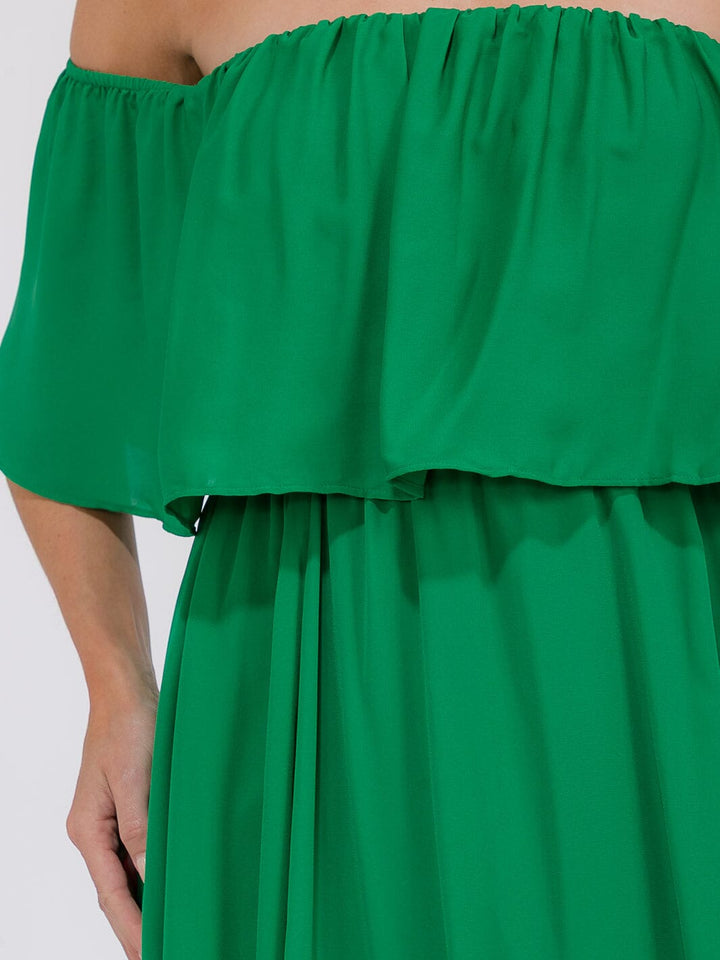 WOMEN'S SHORT SLEEVE OFF SHOULDER ELASTIC WAIST MAXI GOWN DRESS