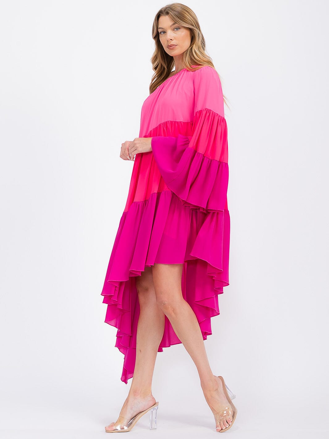 WOMEN'S ONE SHOLDER LONG SLEEVE POCKETS TIERED HIGH-LOW COLORBLOCK MIDI DRESS