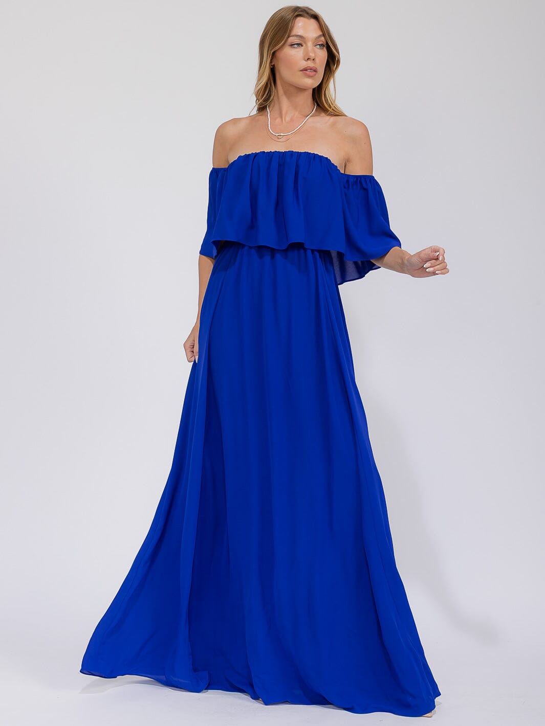 WOMEN'S SHORT SLEEVE OFF SHOULDER ELASTIC WAIST MAXI GOWN DRESS