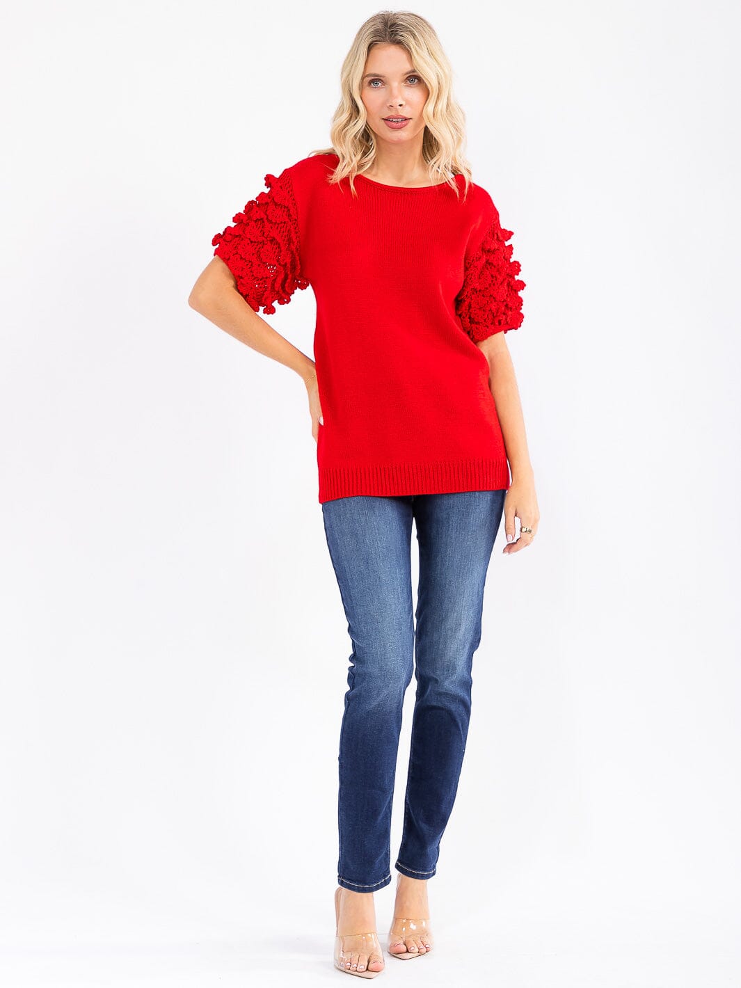 WOMEN'S SHORT RUFFLE SLEEVE KNIT BLOUSE
