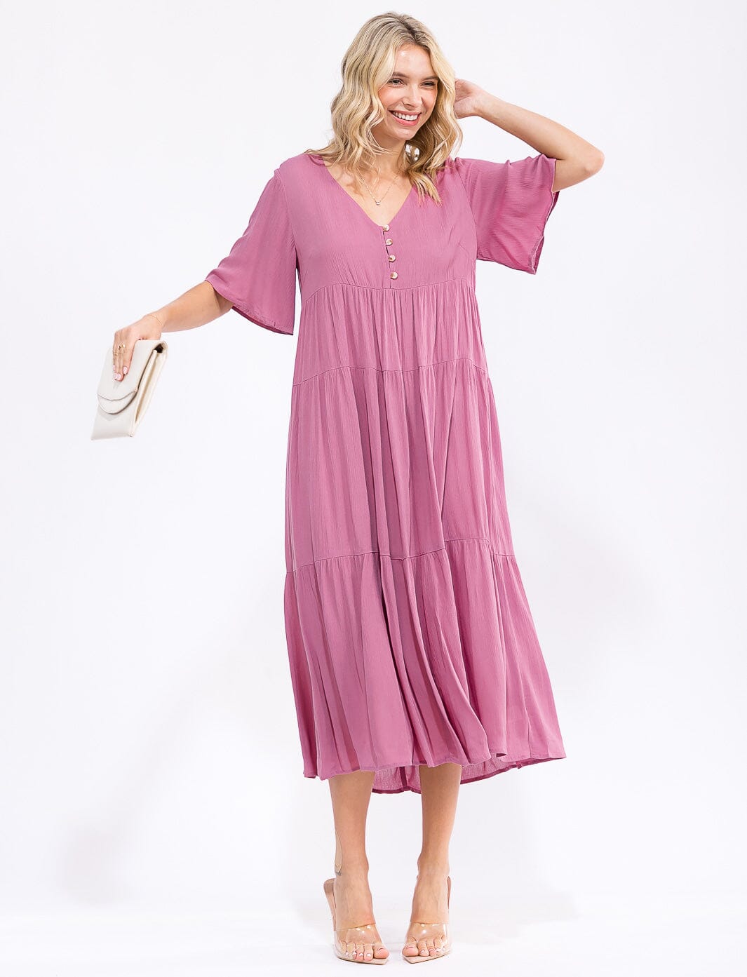 WOMEN'S SHORT SLEEVE V-NECK BUTTON UP TIERED MAXI DRESS