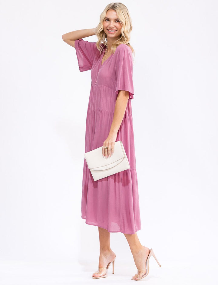 WOMEN'S SHORT SLEEVE V-NECK BUTTON UP TIERED MAXI DRESS