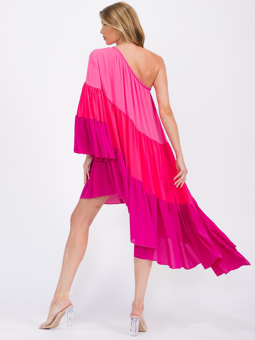 WOMEN'S ONE SHOLDER LONG SLEEVE POCKETS TIERED HIGH-LOW COLORBLOCK MIDI DRESS