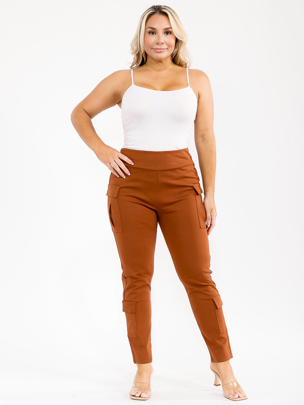 PLUS SIZE ELASTIC WAIST CARGO POCKETS SKINNY LEG PANTS