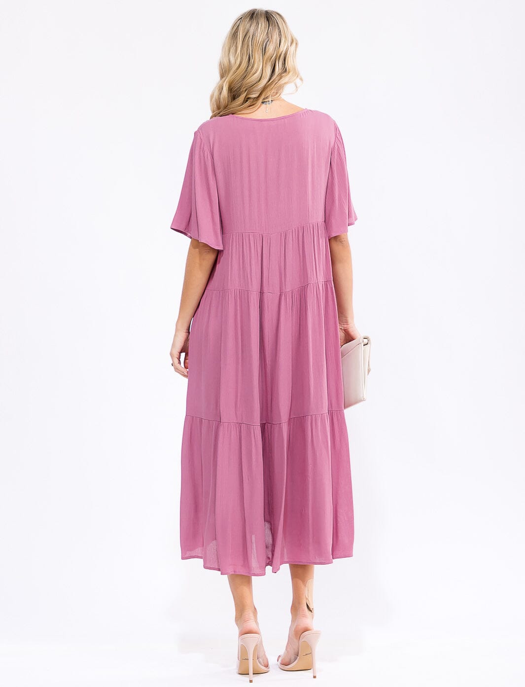 WOMEN'S SHORT SLEEVE V-NECK BUTTON UP TIERED MAXI DRESS