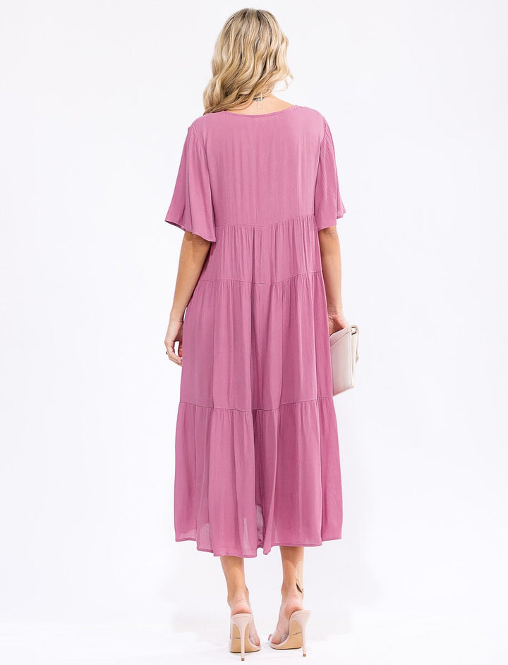 WOMEN'S SHORT SLEEVE V-NECK BUTTON UP TIERED MAXI DRESS