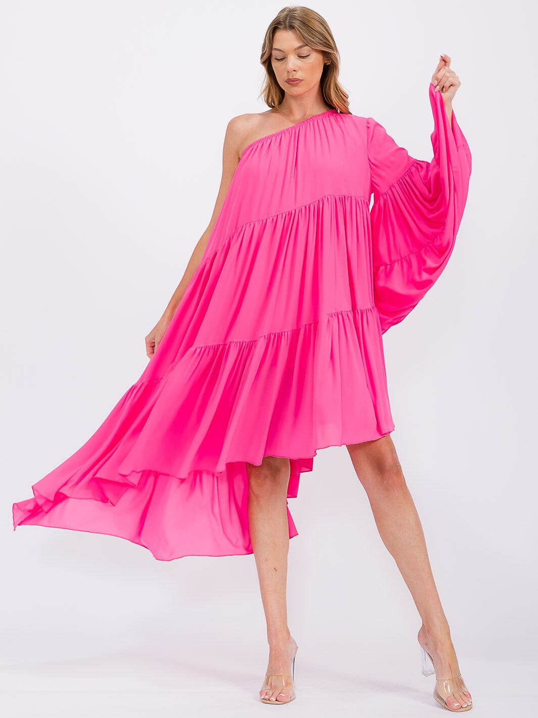 WOMEN'S ONE SHOLDER LONG SLEEVE POCKETS TIERED HIGH-LOW MIDI DRESS