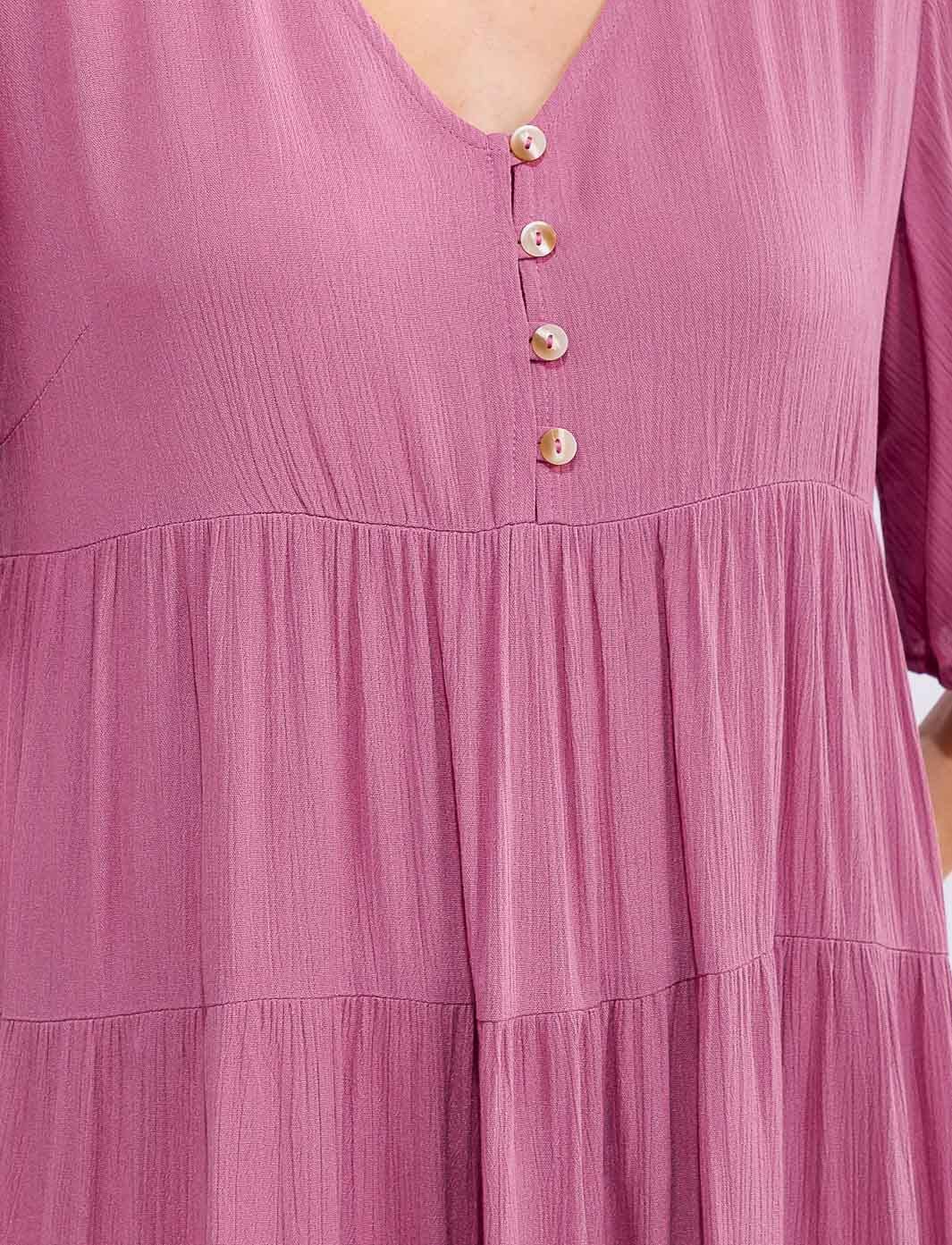 WOMEN'S SHORT SLEEVE V-NECK BUTTON UP TIERED MAXI DRESS