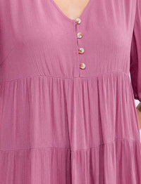 WOMEN'S SHORT SLEEVE V-NECK BUTTON UP TIERED MAXI DRESS