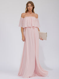 WOMEN'S SHORT SLEEVE OFF SHOULDER ELASTIC WAIST MAXI GOWN DRESS