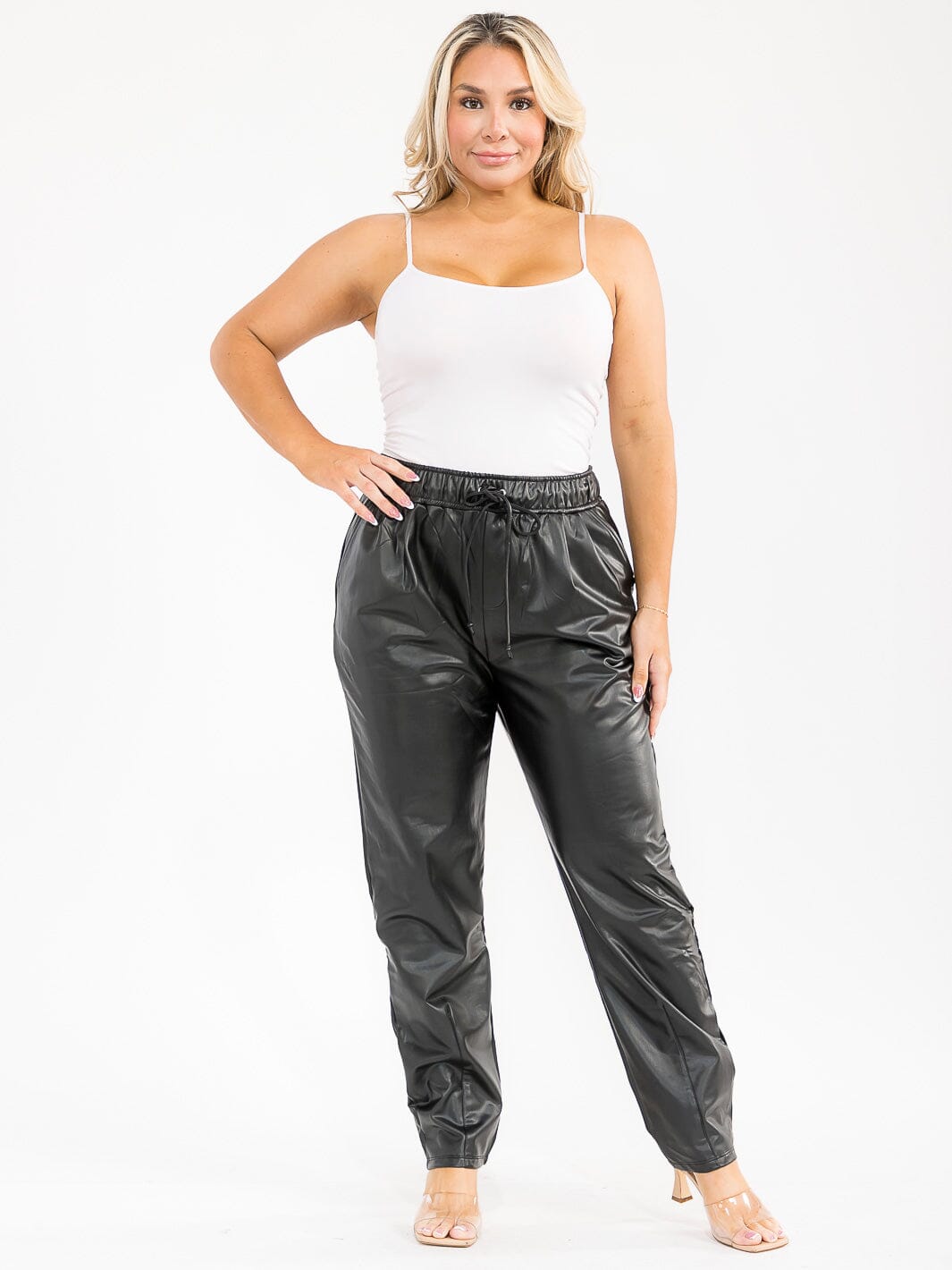 PLUS SIZE ELASTIC WAIST POCKETS SKINNY LEG PU PLEATHER PANTS