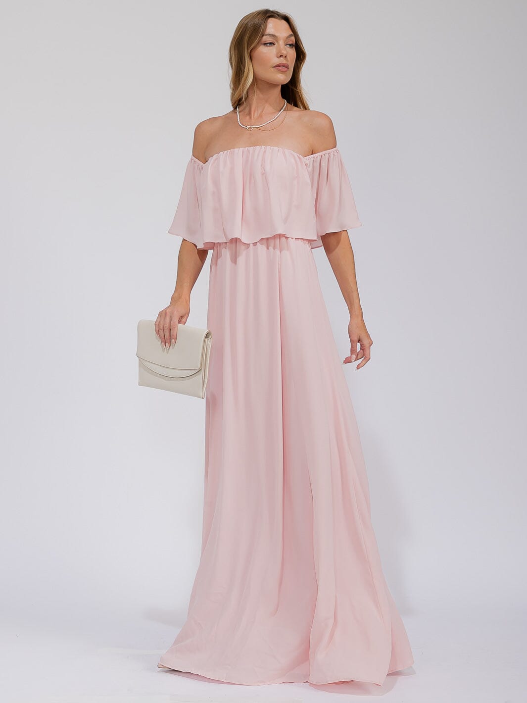 WOMEN'S SHORT SLEEVE OFF SHOULDER ELASTIC WAIST MAXI GOWN DRESS