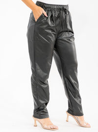 PLUS SIZE ELASTIC WAIST POCKETS SKINNY LEG PU PLEATHER PANTS