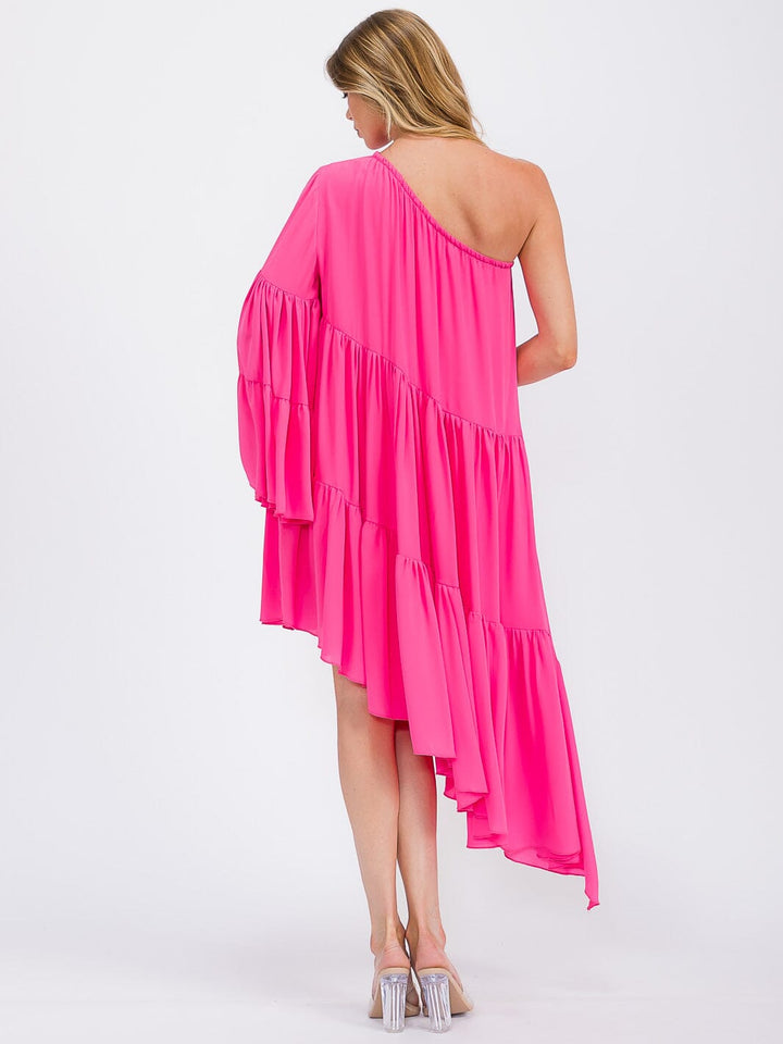 WOMEN'S ONE SHOLDER LONG SLEEVE POCKETS TIERED HIGH-LOW MIDI DRESS