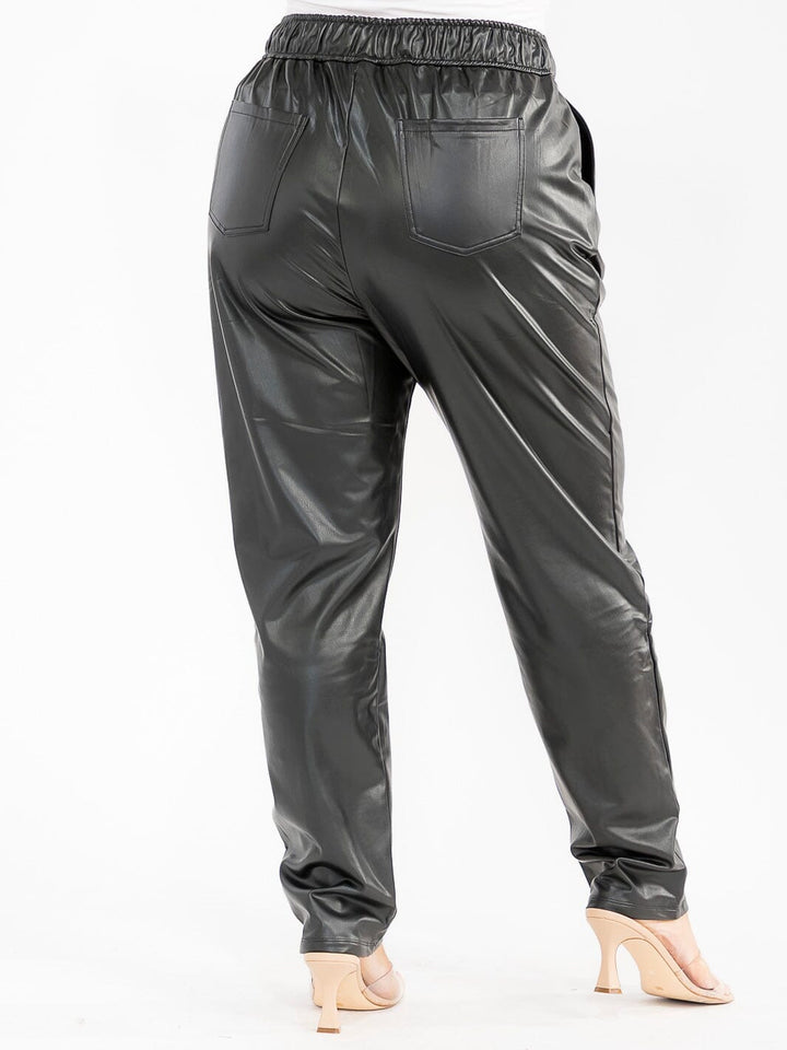 PLUS SIZE ELASTIC WAIST POCKETS SKINNY LEG PU PLEATHER PANTS