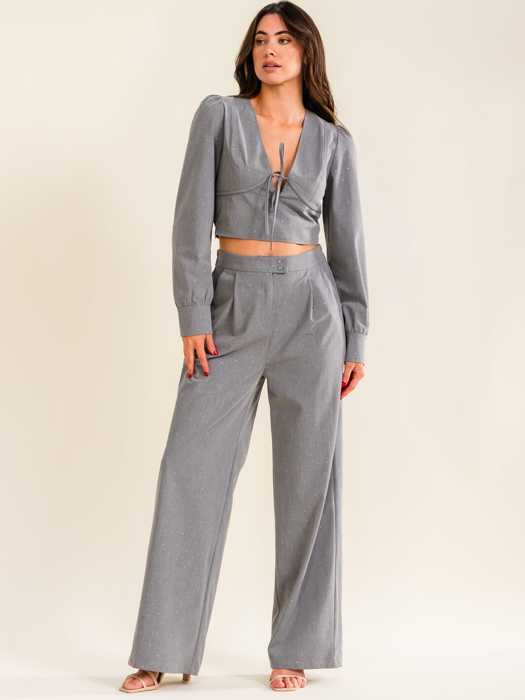 WOMEN'S ELASTIC WAIST BUTTON CLOSURE FRONT POCKETS WIDE LEG RHINESTONES PANTS