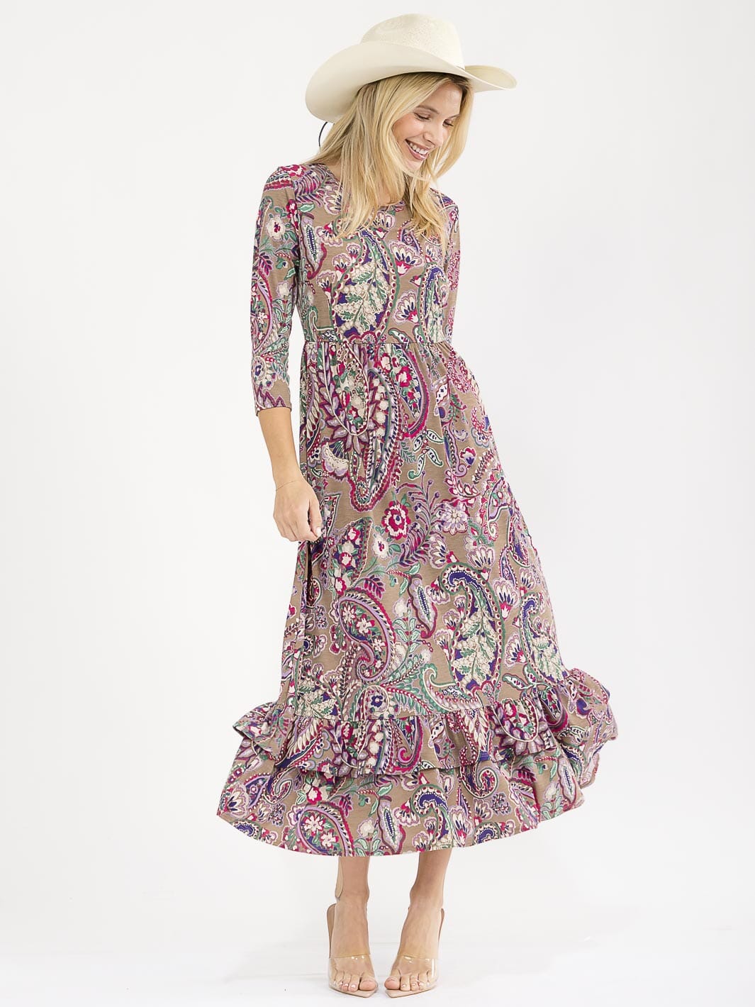 WOMEN'S 3/4 SLEEVE FRONT POCKETS MULTI PRINT MAXI DRESS