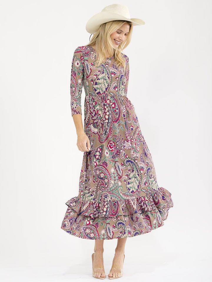 WOMEN'S 3/4 SLEEVE FRONT POCKETS MULTI PRINT MAXI DRESS