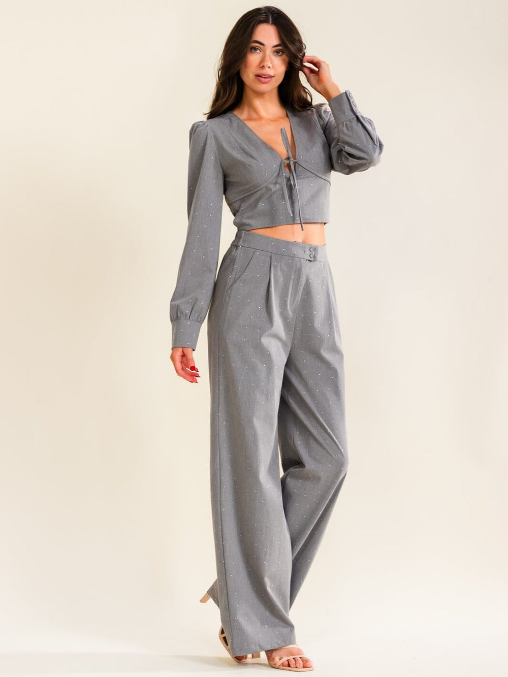 WOMEN'S ELASTIC WAIST BUTTON CLOSURE FRONT POCKETS WIDE LEG RHINESTONES PANTS