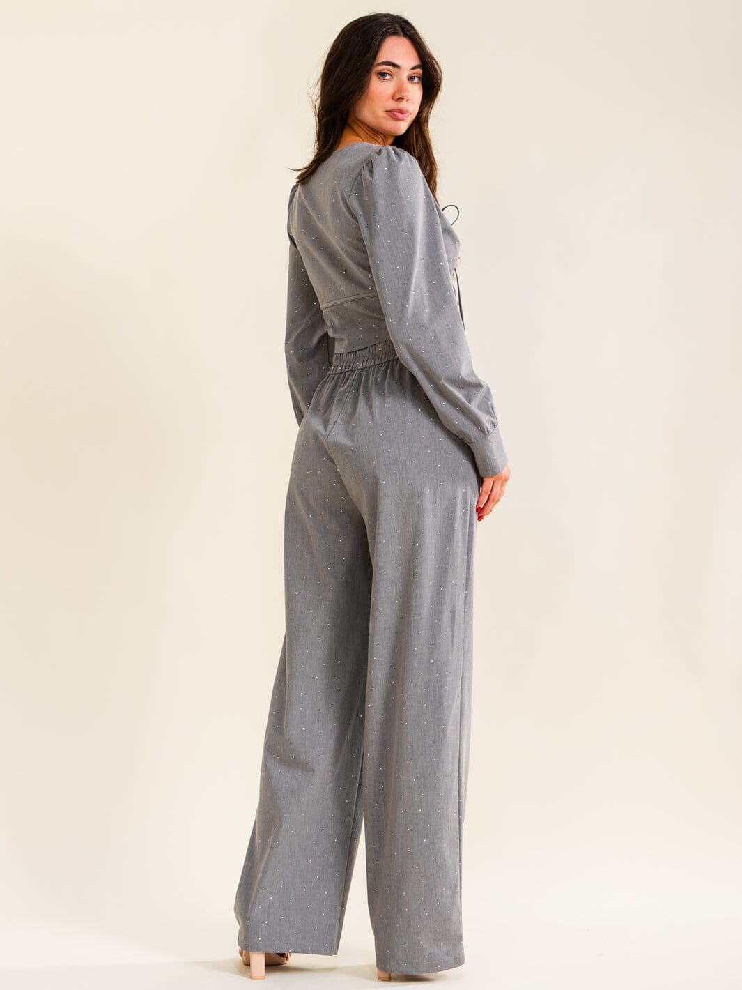 WOMEN'S ELASTIC WAIST BUTTON CLOSURE FRONT POCKETS WIDE LEG RHINESTONES PANTS