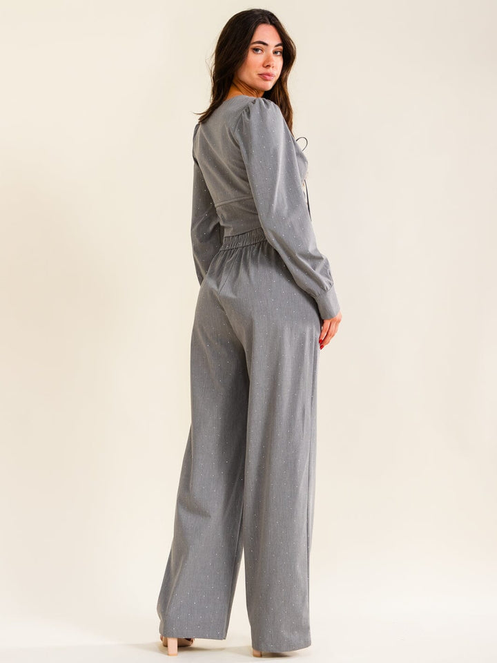 WOMEN'S ELASTIC WAIST BUTTON CLOSURE FRONT POCKETS WIDE LEG RHINESTONES PANTS