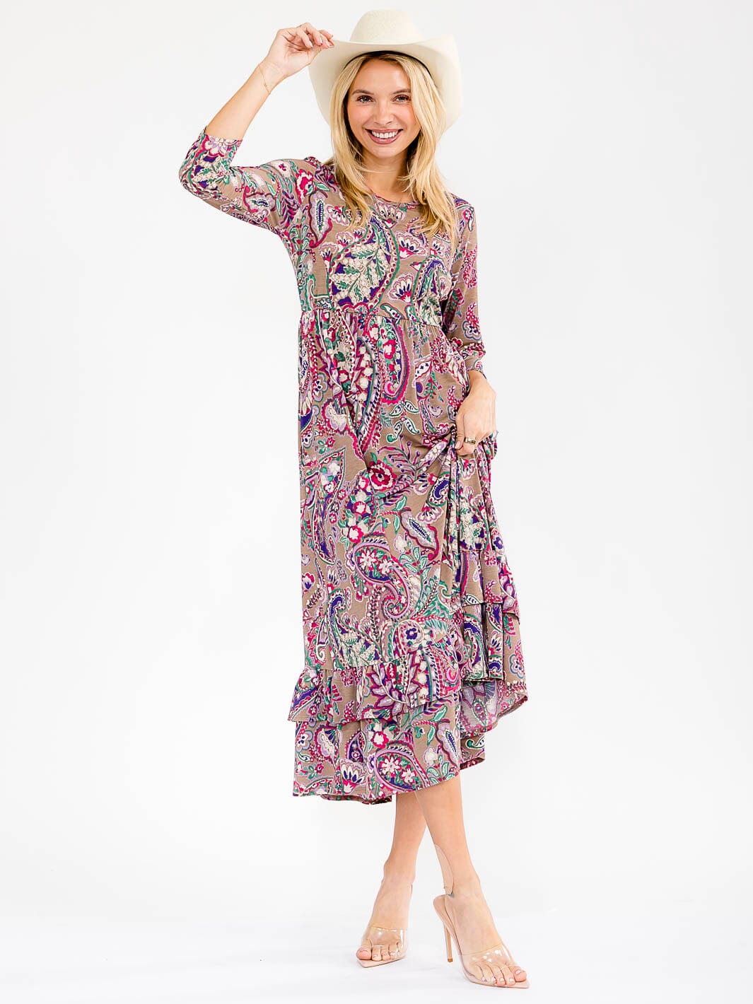 WOMEN'S 3/4 SLEEVE FRONT POCKETS MULTI PRINT MAXI DRESS