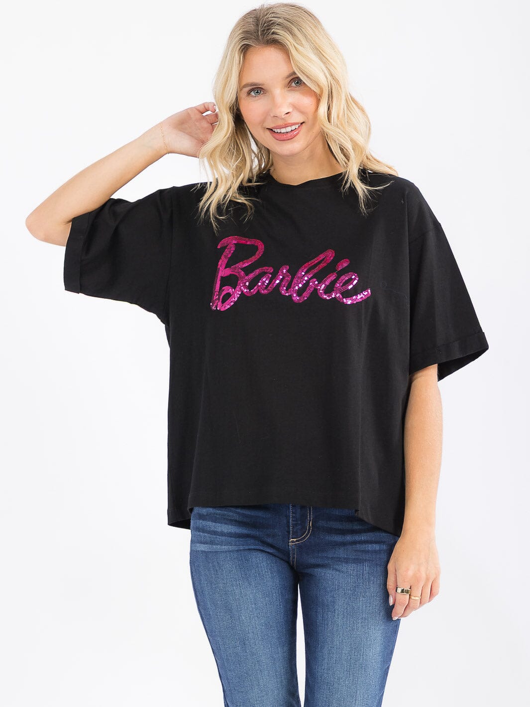WOMEN'S SHORT SLEEVE SEQUINS GRAPHIC SHIRT