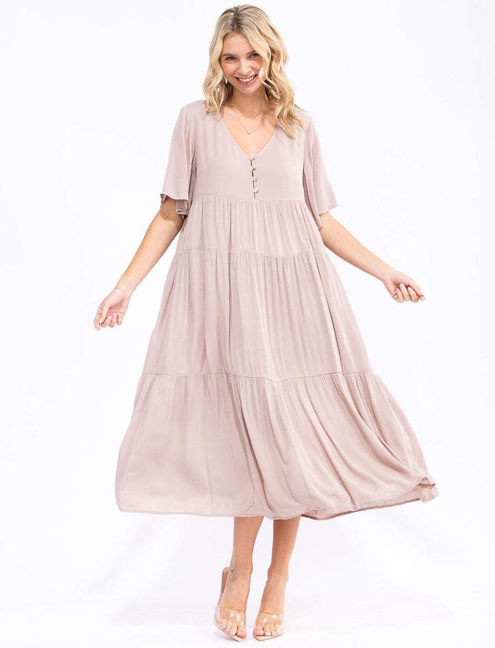 WOMEN'S SHORT SLEEVE V-NECK BUTTON UP TIERED MAXI DRESS