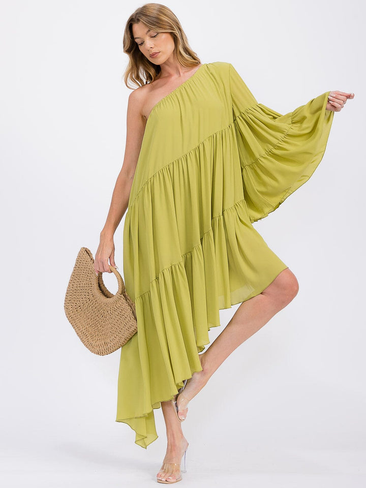 WOMEN'S ONE SHOLDER LONG SLEEVE POCKETS TIERED HIGH-LOW MIDI DRESS