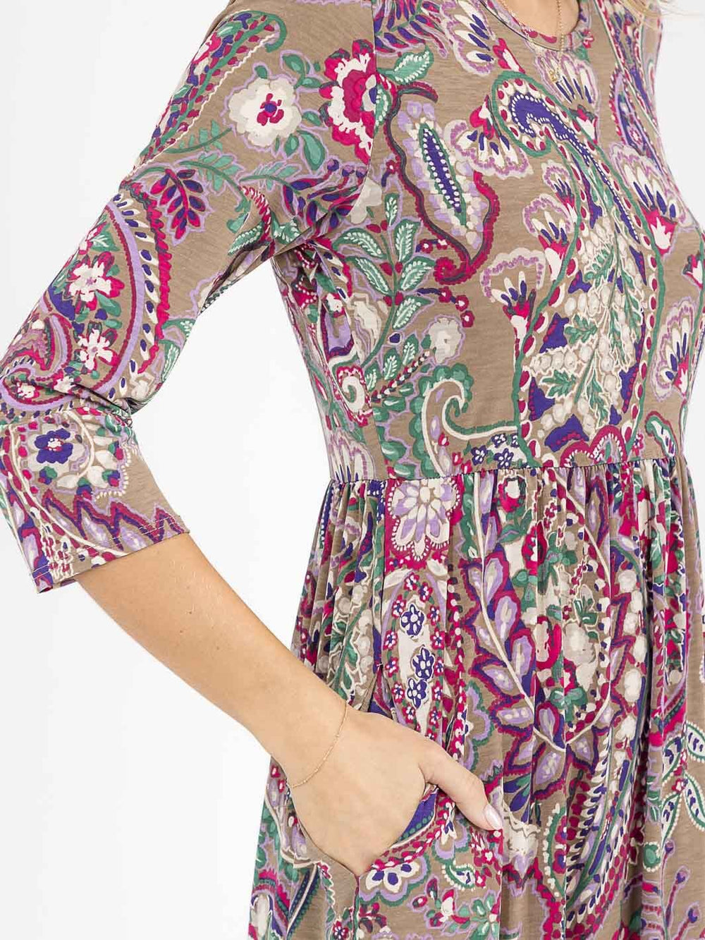 WOMEN'S 3/4 SLEEVE FRONT POCKETS MULTI PRINT MAXI DRESS