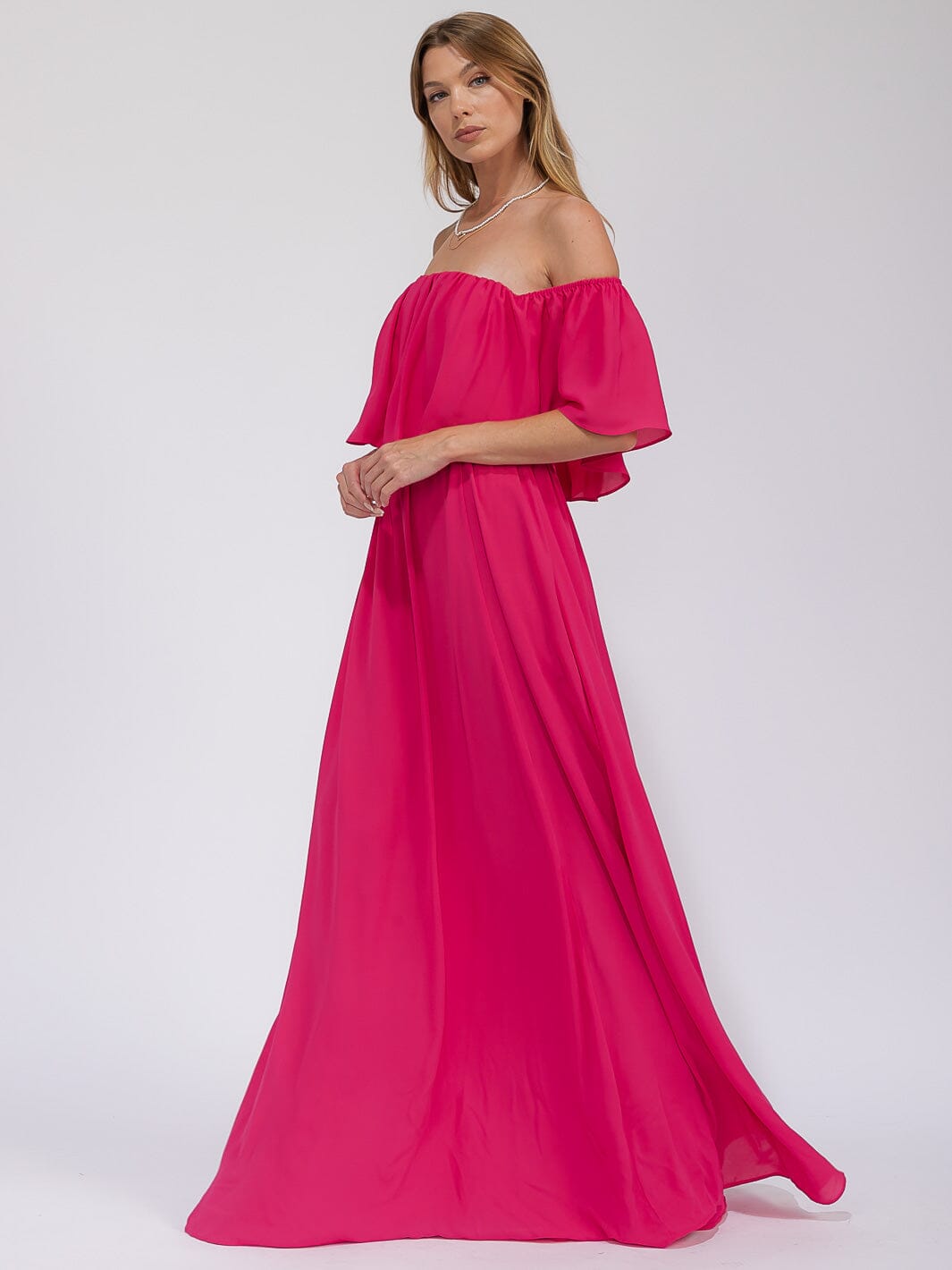 WOMEN'S SHORT SLEEVE OFF SHOULDER ELASTIC WAIST MAXI GOWN DRESS