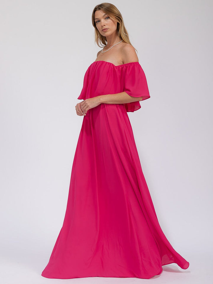 WOMEN'S SHORT SLEEVE OFF SHOULDER ELASTIC WAIST MAXI GOWN DRESS