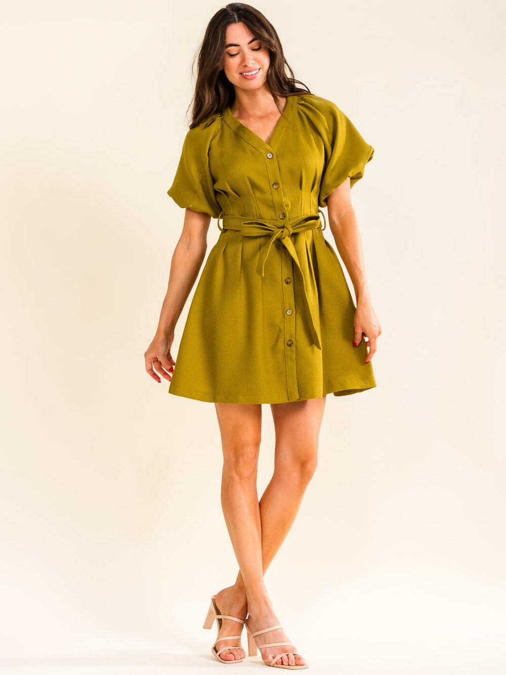 ENTRO WOMEN'S SHORT PUFF SLEEVE BUTTON UP SELF TIE MINI DRESS