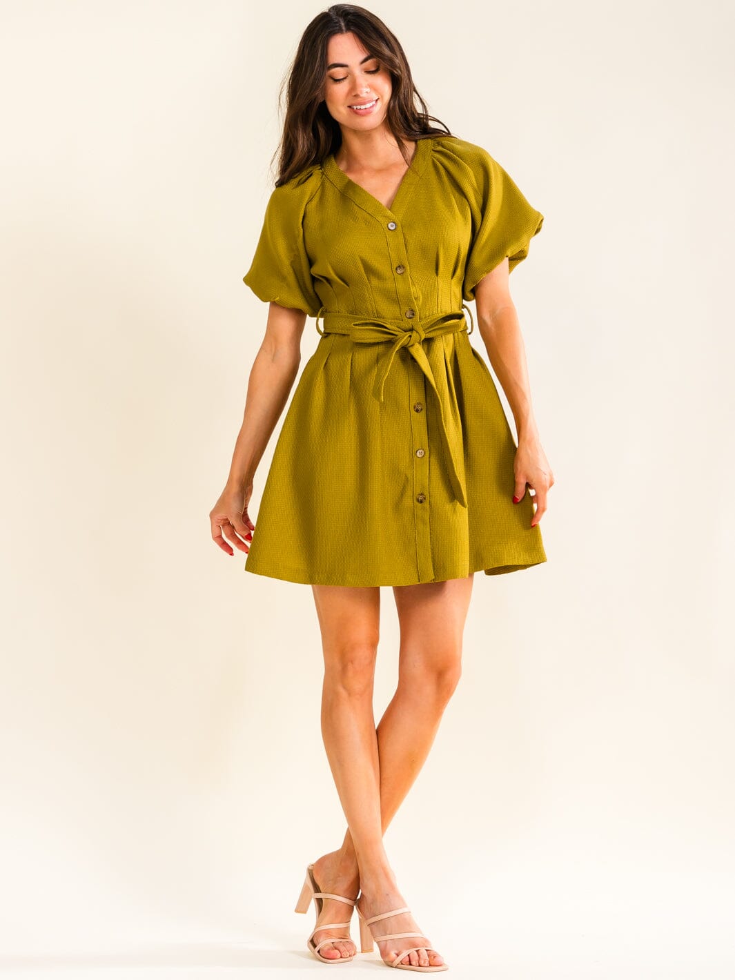 ENTRO WOMEN'S SHORT PUFF SLEEVE BUTTON UP SELF TIE MINI DRESS