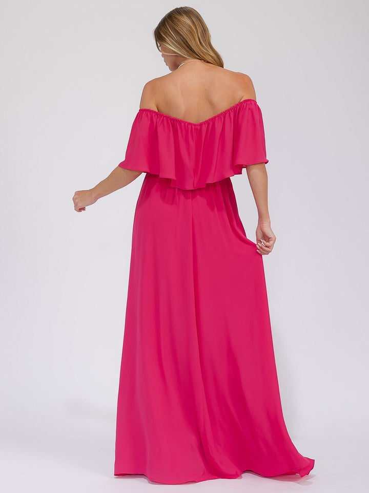WOMEN'S SHORT SLEEVE OFF SHOULDER ELASTIC WAIST MAXI GOWN DRESS