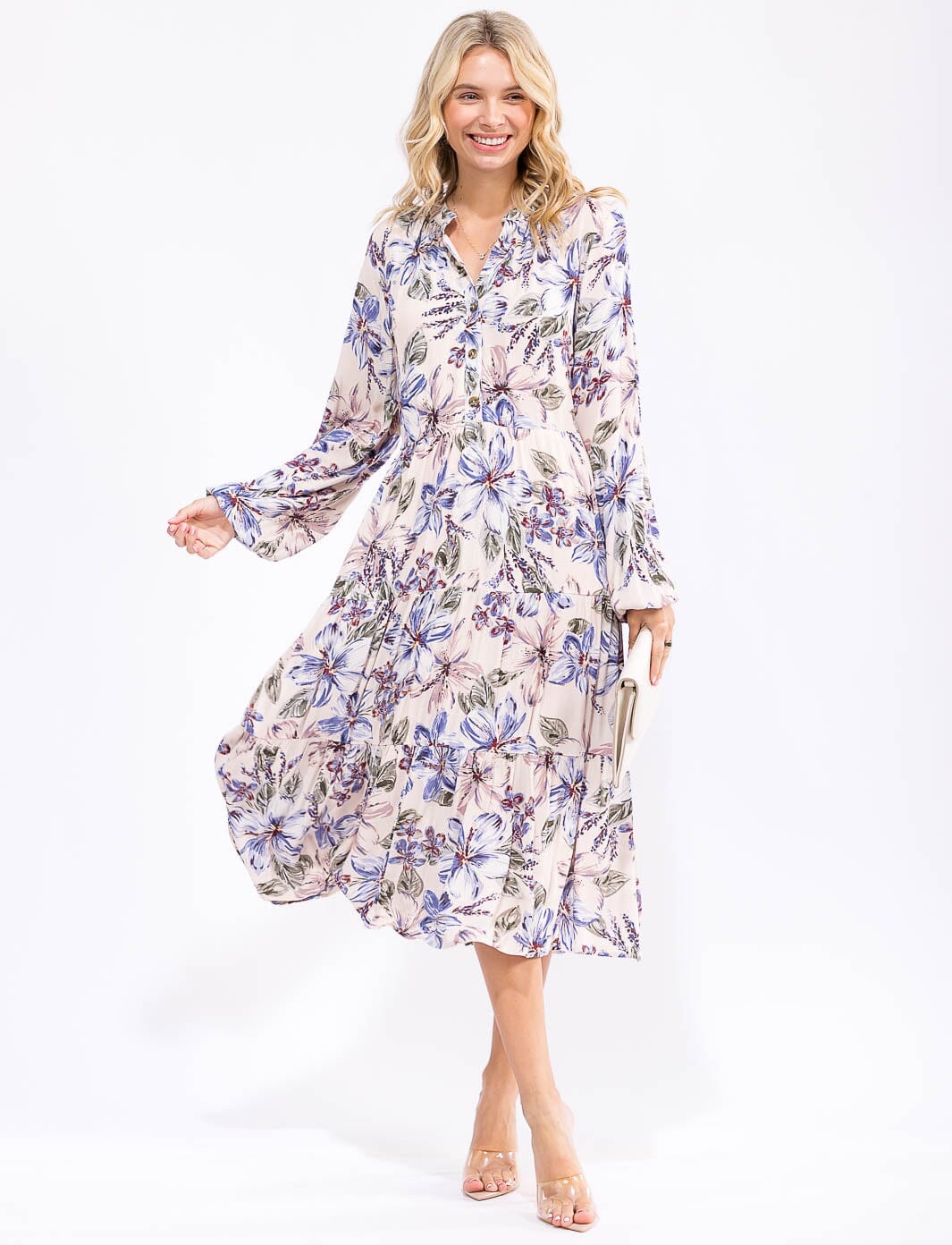 WOMEN'S LONG SLEEVE V-NECK BUTTON UP FLORAL TIERED MIDI DRESS