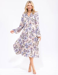 WOMEN'S LONG SLEEVE V-NECK BUTTON UP FLORAL TIERED MIDI DRESS